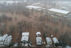 A screenshot from a drone video shot by Ronnie Davis and posted to YouTube showing widespread flooding in the Town of Sussex, N.B., on the morning of Feb. 29, 2024.