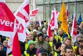 Lufthansa ground staff attend a strike in Frankfurt, Germany, February 7, 2024.    