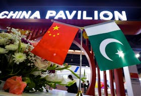 Flags of Pakistan and China are seen at the entrance of the China Pavilion, during the International Defence Exhibition and Seminar "IDEAS 2022" in Karachi, Pakistan November 16, 2022.