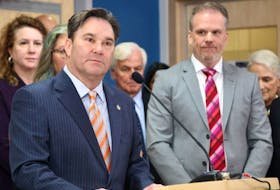 NDP MP Don Davies speaks as Health Minister Mark Holland listens during a news conference about the new national pharmacare legislation, in Ottawa on Thursday, Feb. 29, 2024.