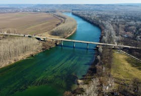 An aerial view shows the bridge over the Dniester River leading to the breakaway region of Transdniestria, near the town of Vadul lui Voda, Moldova March 1, 2023.