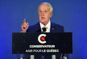 Former Canadian Prime Minister Brian Mulroney speaks during the election campaign tour of Canada's opposition Conservative party leader Erin O'Toole in Orford, Quebec, Canada September 15, 2021.