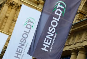 Flags of German defense supplier Hensoldt AG are pictured at Frankfurt stock exchange during Hensoldt's initial public offering (IPO) in Frankfurt, Germany, September 25, 2020.