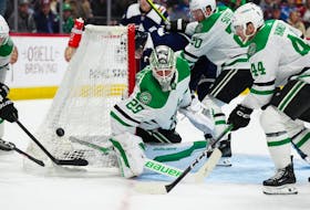Feb 27, 2024; Denver, Colorado, USA; Dallas Stars goaltender Jake Oettinger (29) and defenseman Joel Hanley (44) during the second period against the Colorado Avalanche at Ball Arena. Mandatory Credit: Ron Chenoy-USA TODAY Sports/ File Photo