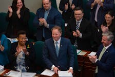 Finance Minister Allan MacMaster's political colleagues give him a standing ovation as he rises to deliver the provincial budget at Province House on Thursday, Feb. 29, 2024.
Ryan Taplin - The Chronicle Herald