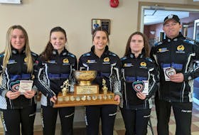 The Ella Lenentine-skipped rink from the Cornwall Curling Club and Silver Fox Entertainment Complex in Summerside recently went a perfect 5-0 to win the P.E.I. junior (under-21) women’s curling championship at the Montague Curling Club. Team members are, from left, Lenentine, third stone Makiya Noonan, second stone Reid Hart, lead Erika Pater and coach Robbie Lenentine. Curl P.E.I. • Special to The Guardian
