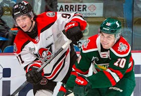 Halifax Mooseheads forward Mathieu Cataford, right, battles with Drummondville Voltigeurs centre Mikael Huchette during Friday's QMJHL game in Drummondville. - Drummondville Voltigeurs.