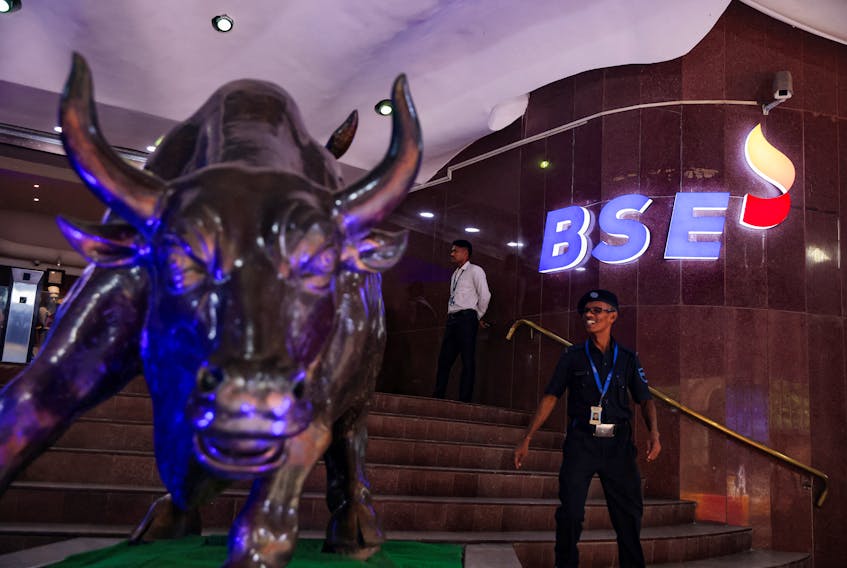 The new logo of the Bombay Stock Exchange (BSE) building is seen in Mumbai, India, July 12, 2023.