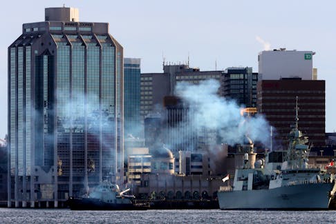 An exhaust plume exits HMCS Toronto after the vessel returned to HMC Dockyard in Halifax Friday January 19, 2024.

TIM KROCHAK PHOTO