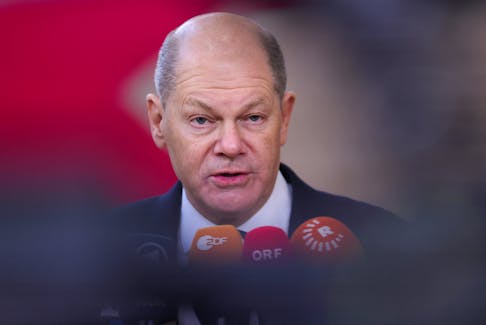 German Chancellor Olaf Scholz speaks to the press as he attends a European Union summit in Brussels, Belgium February 1, 2024.