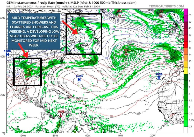 It will be mild with a bit of unsettled weather this weekend, while a low developing near Texas could have an impact next week. -tropicaltidbits.com
