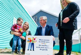 Premier Tim Houston meets Silas Currie who attends YMCA of Pictou County childcare. Also pictured is Ashley Smith, the childcare centre’s director, and Tara Gallant, YMCA project manager. Communications Nova Scotia