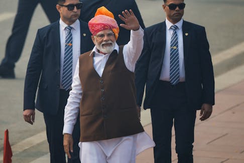 India's Prime Minister Narendra Modi waves towards the crowd on Republic Day in New Delhi, India, January 26, 2024.