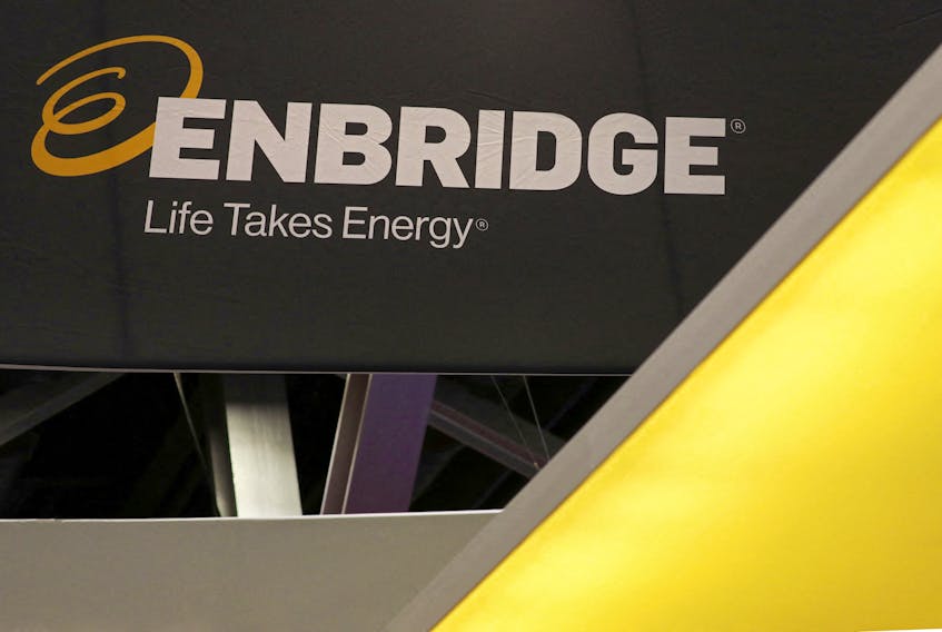 The logo of Calgary-based Enbridge, one of North America's largest energy infrastructure companies, is displayed during the LNG 2023 energy trade show in Vancouver, British Columbia, Canada, July 12, 2023.