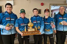 The Jack MacFadyen-skipped rink from the Cornwall Curling Club recently won the P.E.I. junior (under-21) men’s curling championship at the Montague Curling Club. Members of the winning rink are, from left, MacFadyen, third stone Keegan Warnell, second stone Luke Butler, lead Anderson MacDougall and coach David MacFadyen. Curl P.E.I. • Special to The Guardian