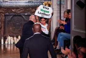 An activist from the animal rights group PETA (People for the Ethical Treatment of Animals) protests during Victoria Beckham's Fall-Winter 2024/2025 Women's ready-to-wear collection show at the Paris Fashion Week, in Paris, France, March 1, 2024.