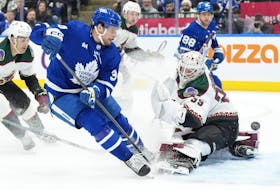 Maple Leafs' Auston Matthews shoots on Arizona Coyotes goaltender Connor Ingram during the second period in Toronto, on Thursday, Feb. 29, 2024.