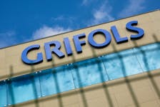 The logo of the Spanish pharmaceuticals company Grifols is pictured on theirs facilities in Parets del Valles, north of Barcelona, Spain, January 9, 2024.