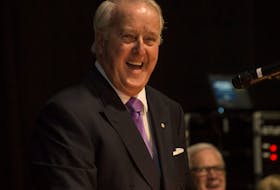 Brian Mulroney laughs as he shares some memories of attending St. FX during his speach after the ceremonial sod turning for the Brian Mulroney Institue of Governement and Mulroney Hall building at St FX Wednesday September 20, 2017. ( Mark Goudge/