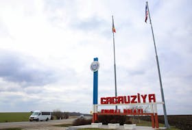 A sign informs motorists about entering the territory of the autonomous region of Gagauzia, Moldova March 2, 2023.