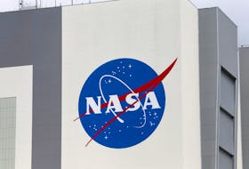 The NASA logo is seen at Kennedy Space Center ahead of the NASA/SpaceX launch of a commercial crew mission to the International Space Station in Cape Canaveral, Florida, U.S., April 16, 2021.