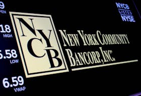 A screen displays the trading information for New York Community Bancorp on the floor at the New York Stock Exchange (NYSE) in New York City, U.S., January 31, 2024. 