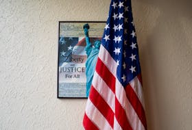 An American flag is seen inside of an office space in Hillsdale, Michigan, U.S., February 8, 2023.