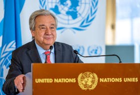 United Nations Secretary General Antonio Guterres speaks during a stake out at the Human Rights Council at the U.N. in Geneva, Switzerland, February 26, 2024. 