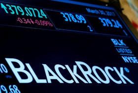 The company logo and trading information for BlackRock is displayed on a screen on the floor of the New York Stock Exchange (NYSE) in New York, U.S., March 30, 2017.
