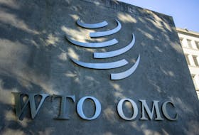 A logo is seen at the World Trade Organization (WTO) headquarters before a news conference in Geneva, Switzerland, October 5, 2022.