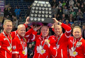 Brad Gushue’s Team Canada rink won their sixth Brier championship on March 10 when they defeated Saskatchewan’s Mike McEwen 9-5 in the final held in Regina, Sask. Shown here are, left to right, Gushue, vice-skip Mark Nichols, second E.J. Harnden, lead Geoff Walker and coach Caleb Flaxey. Photo courtesy Curling Canada/Twitter