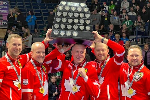 Brad Gushue’s Team Canada rink won their sixth Brier championship on March 10 when they defeated Saskatchewan’s Mike McEwen 9-5 in the final held in Regina, Sask. Shown here are, left to right, Gushue, vice-skip Mark Nichols, second E.J. Harnden, lead Geoff Walker and coach Caleb Flaxey. Photo courtesy Curling Canada/Twitter