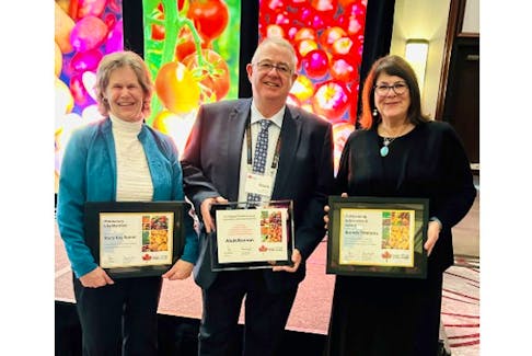 Mary Kay Sonier, left, Honorary Lifetime Member of the Fruit and Vegetable Growers of Canada (FVGC), Alvin Keenan, recipient of Connery Award, and Brenda Simmons, recipient of Lifetime Achievement Award, received their honour at the FVGC annual meeting in Ottawa on March 6.