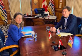 Finance Minister and Deputy Prime Minister Chrystia Freeland meets with B.C. Premier David Eby at the legislature in Victoria on Monday, March 11, 2024. 
