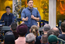 Conservative Leader Pierre Poilievre speaks to employees at CenterLine Limited in Windsor on Feb. 23, 2024. 