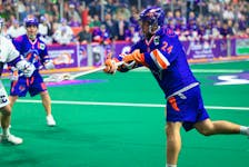 Halifax Thunderbirds forward Clarke Petterson scores one of two goals in a span of a minute early into the fourth quarter against Panther City on Friday night at Scotiabank Centre. - NATIONAL LACROSSE LEAGUE