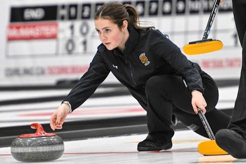 Dalhousie skip Allyson MacNutt delivers a shot during the U Sports curling championships in Fredericton. The Tigers defeated the UNB Reds 9-2 in the women’s bronze medal game on Sunday. - U SPORTS