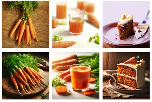 The researchers used DALL-E 3 integrated with ChatGPT 4 to create the images for their studies. They uploaded each original with the prompt: "Reproduce this photo." The top row shows authentic carrot images, and the bottom row is AI-generated — both shown left to right in unprocessed, processed and ultra-processed variants. 