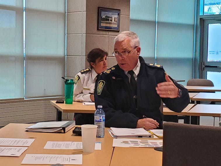 Saint John police Chief Robert Bruce presents the force's 2024 operational priorities to the board of police commissioners Tuesday.