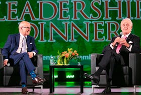 Cape Breton University president and vice-chancellor David Dingwall, left, enjoys a moment with former Canadian Prime Minister Brian Mulroney during a Leadership Dinner held in Halifax in 2022. Although they represented different political parties during their years in federal politics, Dingwall held Mulroney in high regard and remembers him with fondness. CONTRIBUTED