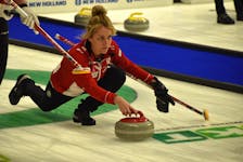 Team Denmark skip Madeleine Dupont prepares to release the stone during 2024 World Women’s Curling Championship action against Team Japan at Centre 200 in Sydney on Sunday. The 2024 tournament is Dupont’s 15th of her career. JEREMY FRASER/CAPE BRETON POST