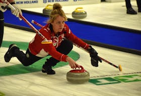 Team Denmark skip Madeleine Dupont prepares to release the stone during 2024 World Women’s Curling Championship action against Team Japan at Centre 200 in Sydney on Sunday. The 2024 tournament is Dupont’s 15th of her career. JEREMY FRASER/CAPE BRETON POST