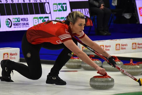 Team Canada’s Emma Miskew prepares for her first delivery of the game against Team United States during the World Women’s Curling Championship at Centre 200 in Sydney on Sunday. Miskew and the Canadians will be on the ice on Tuesday against Italy and Switzerland. JEREMY FRASER/CAPE BRETON POST
