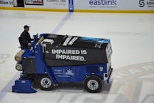 The Zamboni at Eastlink Centre in Charlottetown promotes sober driving as it resurfaces the ice during a recent Charlottetown Islanders' game in the Quebec Maritimes Junior Hockey League. Jason Simmonds • The Guardian