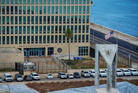 A view of the U.S. Embassy beside the Anti-Imperialist stage in Havana, Cuba, May 24, 2023.