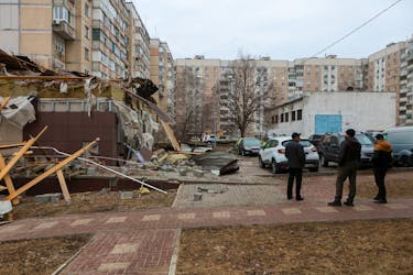 A view shows a destroyed building hit by shelling, what local authorities called a Ukrainian military strike, in the course of the Russia-Ukraine conflict in Belgorod, Russia, March 17, 2024.