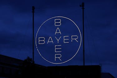 The 120 metres high Bayer Cross, logo of German pharmaceutical and chemical maker Bayer AG, consisting of 1710 LED glass bulbs is seen outside the industrial park "Chempark" of the chemical industry in Leverkusen, Germany, September 23, 2023.