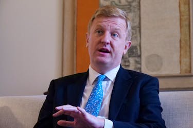 British Deputy Prime Minister Oliver Dowden speaks during an interview with Reuters, in Seoul, South Korea, March 19, 2024.