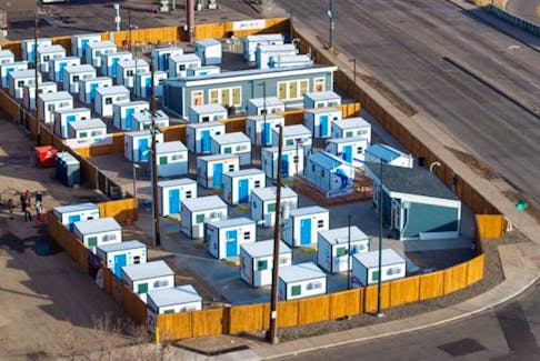 An aerial view of a Denver "micro community" of 54 Pallet shelter units, which opened on Dec. 31. Similar units have been planned for a Pallet shelter village in Whitney Pier, but now those site plans may be in limbo amid rumours of relocating the site. CONTRIBUTED/ROB CLEARY