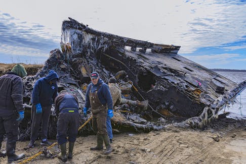 On March 18, T&T Ocean Rescue and Repair removed the fishing vessel Seaing Triple from the water, which days earlier had been destroyed by a fire onboard the vessel just off of Wedgeport, Yarmouth County. ERVIN OLSEN PHOTO